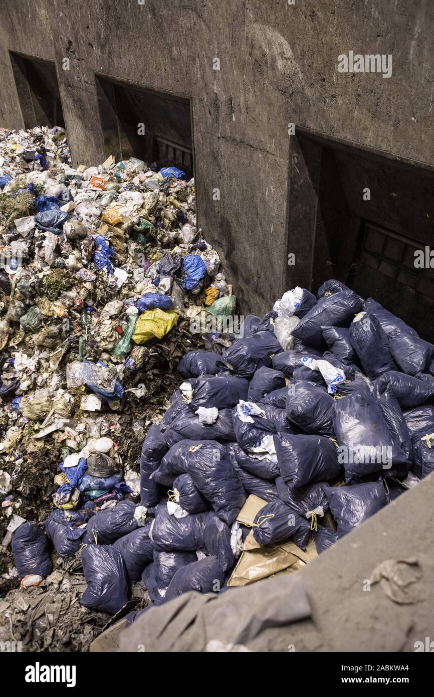 L'élimination des déchets résiduels par la société de gestion des déchets municipaux (AWM) de Munich. La livraison des déchets. Dans des bunker 1. Elle détient 5 000 tonnes de déchets à 100 % de capacité. Les grabs disposent chacun d'un diamètre de 4,5 mètres ouverte et tenir un peu du montant qu'un camion à ordures a complètement chargé. Dans ce grand prix est la poubelle que le déchargement des camions à ordures. Les déchets sont ensuite prises pour le haut avec les grues, où elle est déchargée dans les chaudières pour l'incinération. [Traduction automatique] Banque D'Images