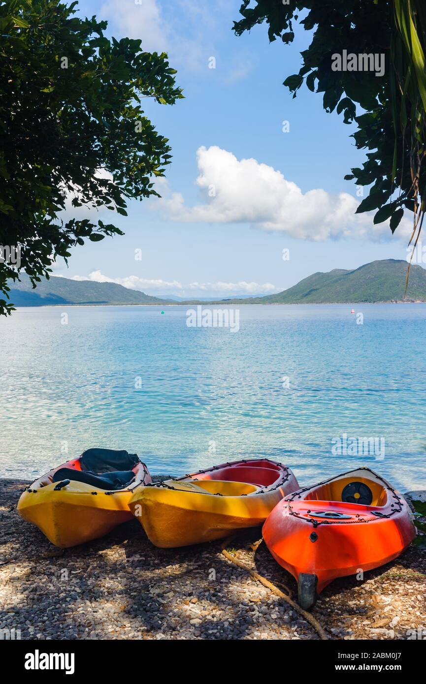 Trois kayaks colorés sur une plage tropicale Banque D'Images