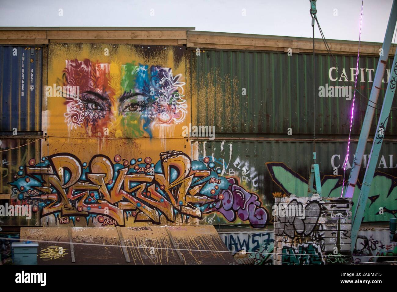 Voitures de chemin de fer pulvérisé avec graffiti dans la station keeper Thiel. [Traduction automatique] Banque D'Images