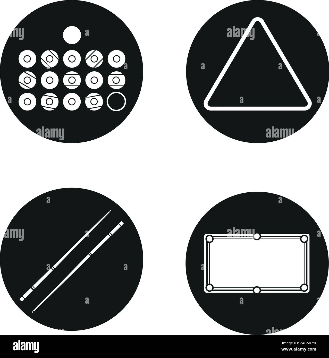 Billiard icons set. Boules, triangle, repères visuels et de table. L'équipement de piscine. Accessoires de billard. Vector silhouettes blanc illustrations de cercles noirs Illustration de Vecteur