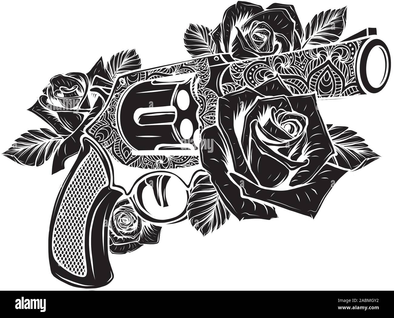 Vector illustration d'armes à feu sur la fleur et les ornements avec le style de dessin de tatouage floral Illustration de Vecteur
