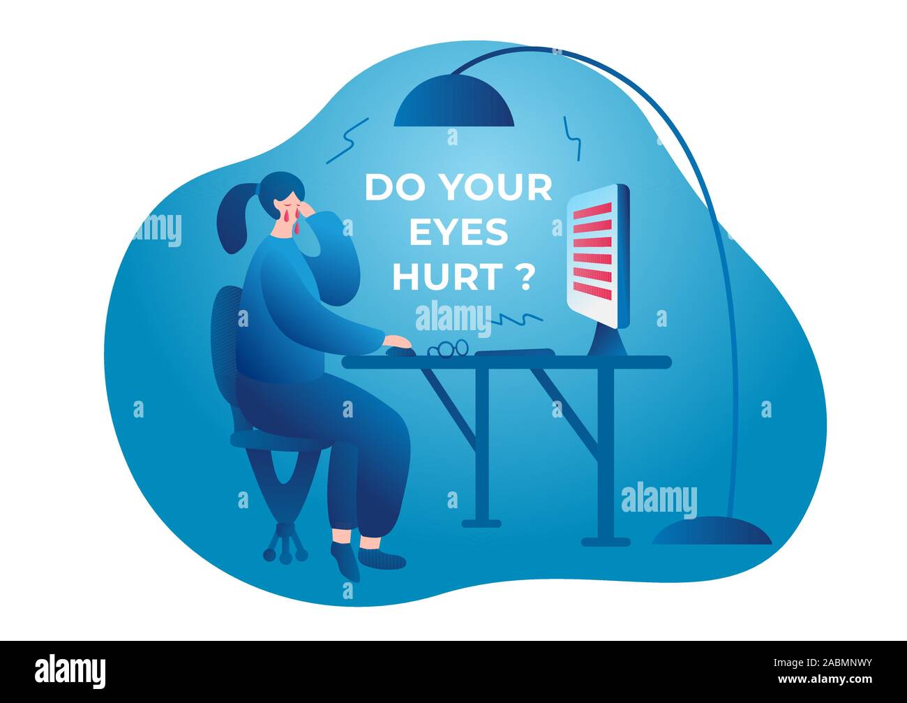 Faire votre mal aux yeux. Une femme assise à une table, frotte ses yeux