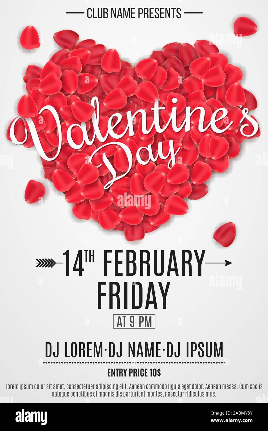 Affiche pour la Saint-Valentin parti. Coeur de pétales de rose avec texte. Vacances romantiques. DJ et le nom du club. Conception pour club. Vector illustration. ESP 10 Illustration de Vecteur