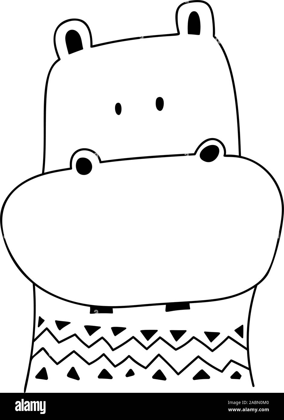 Cute cartoon doodle hippo. Logo vector enfants isolé sur fond blanc. contours noir et blanc illustration, élément de conception Illustration de Vecteur