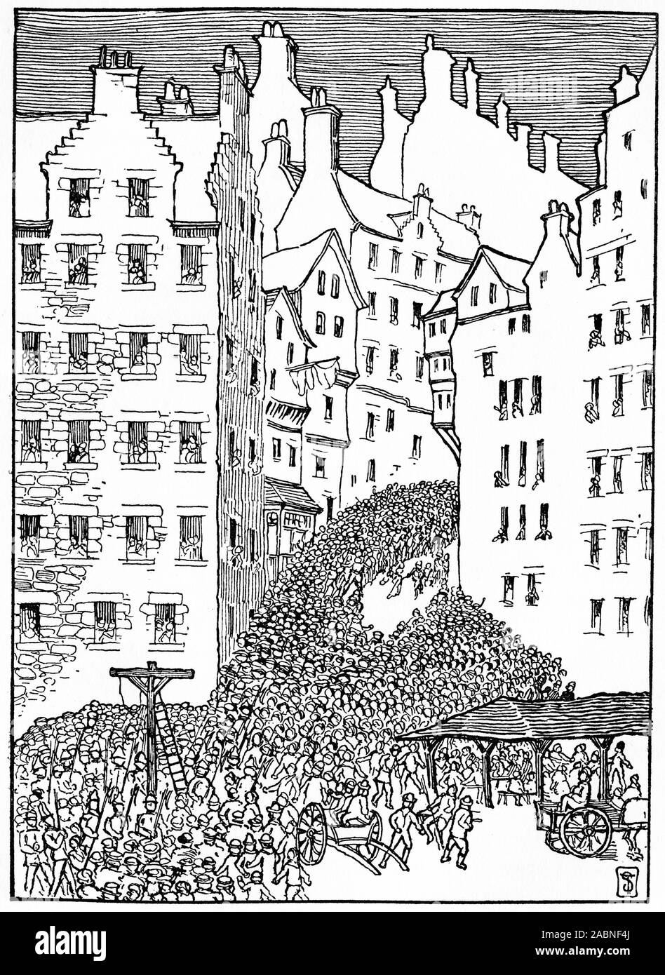 Gravure d'une foule qui s'amassait pour une exécution dans le Grassmarket ; une place du marché historique et un événement de l'espace dans la vieille ville d'Édimbourg, en Écosse. Banque D'Images