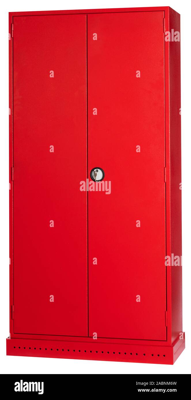 Cabinet en métal rouge fond blanc Banque D'Images