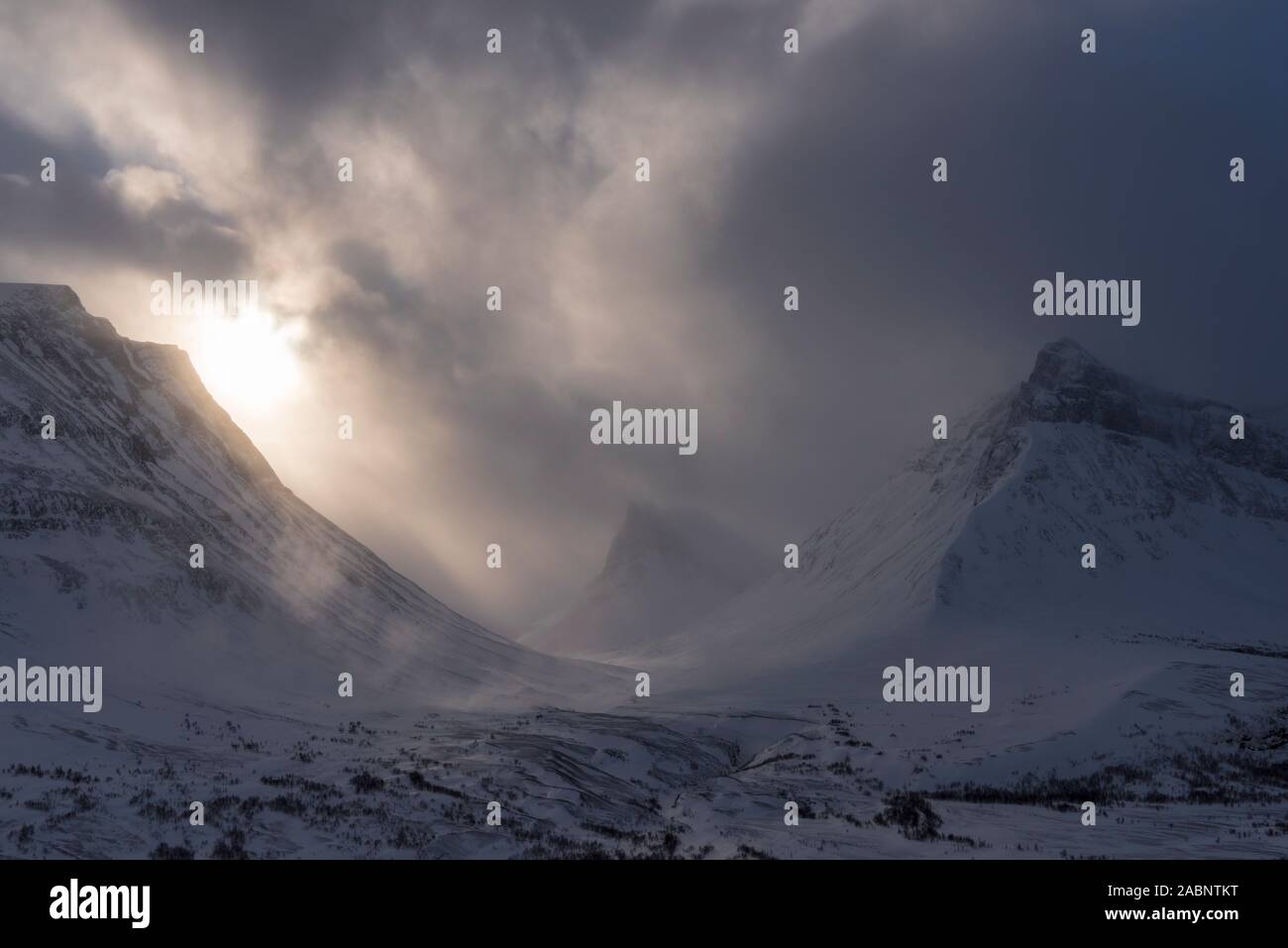 Landschaft im Schneetreiben, Stuor Reaiddavaggi, Norrbotten, Laponie, Schweden Maerz, 2017 Banque D'Images