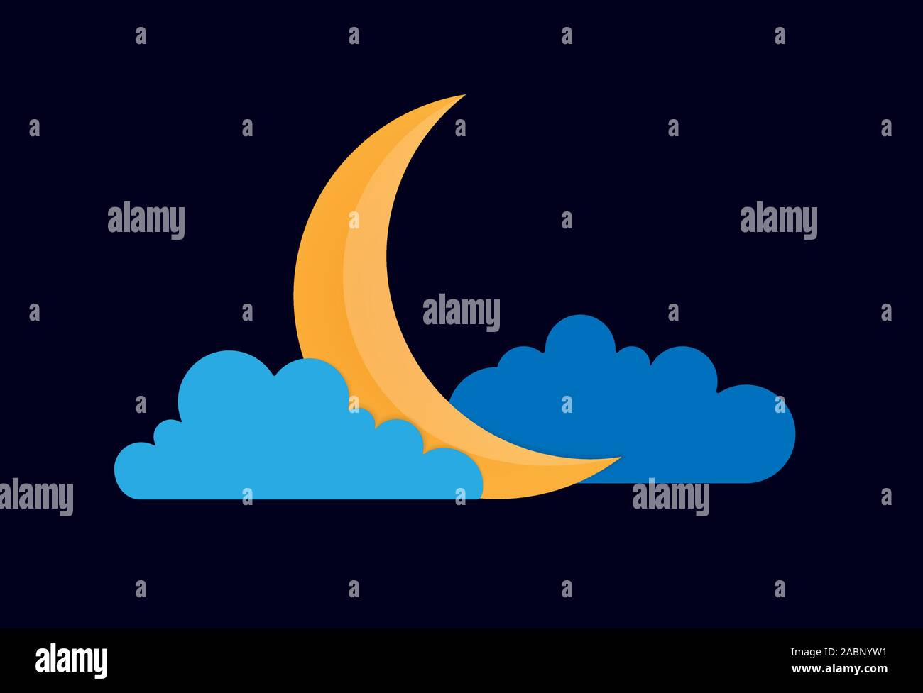 Vecteur de couleur dessin d'un quartier de lune dans les nuages dans la nuit sombre ciel bleu. Illustration de Vecteur