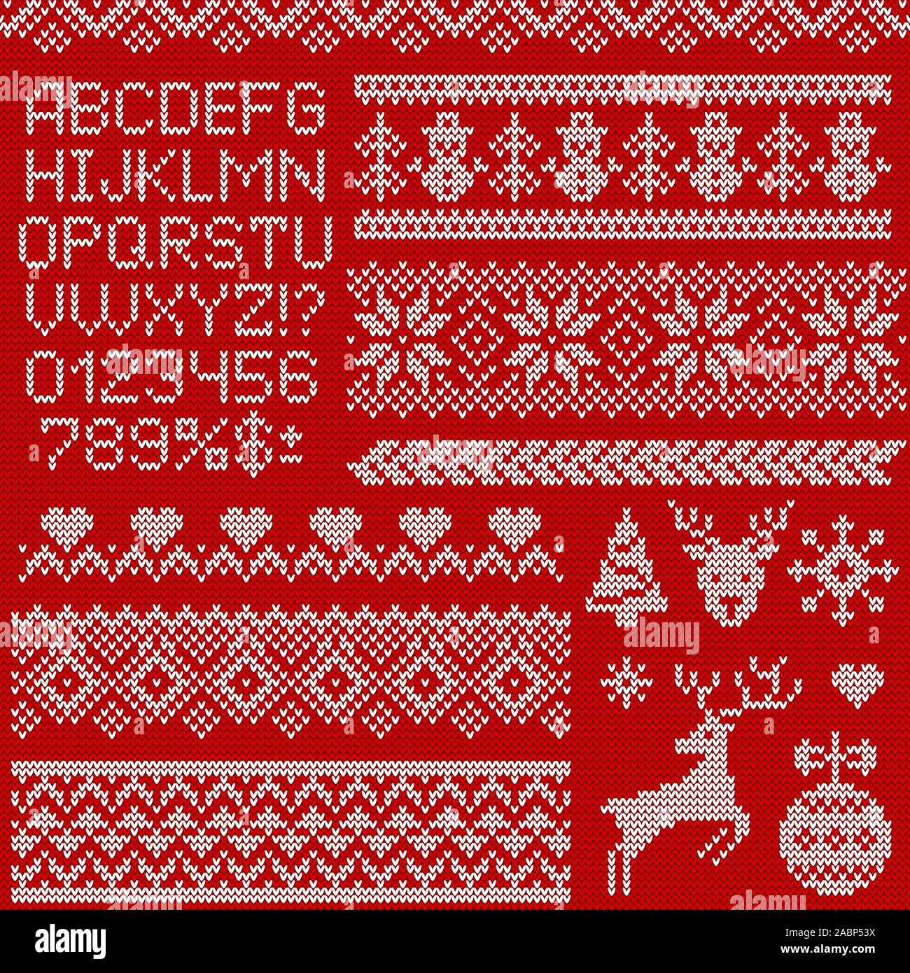 Les modèles chandail tricoté, des éléments et de l'alphabet pour Noël, Nouvel An ou la conception d'hiver. Ensemble d'ornements vecteur scandinaves, des lettres et des symboles. Illustration de Vecteur