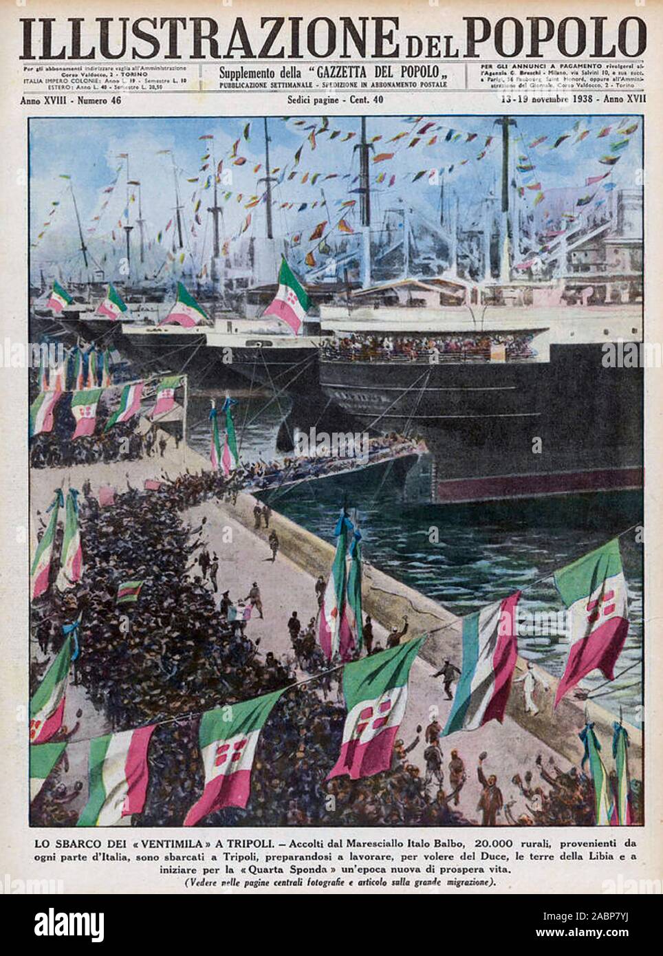 Couverture du magazine italien italien l'Ethiopie de 1938 montrant des  foules de paysans italiens navires embarquement à Tripoli en route vers l' Éthiopie après l'occupation italienne de l'année précédente Photo Stock -  Alamy