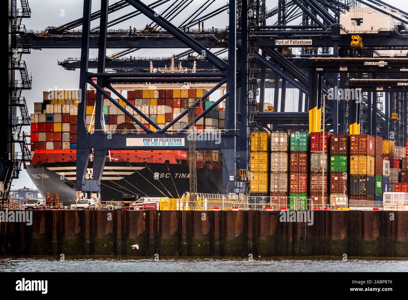 Le commerce des marchandises britanniques Docks - UK - conteneurs sont déchargés du navire porte-conteneurs MSC Tina port à conteneurs à Felixstowe Banque D'Images