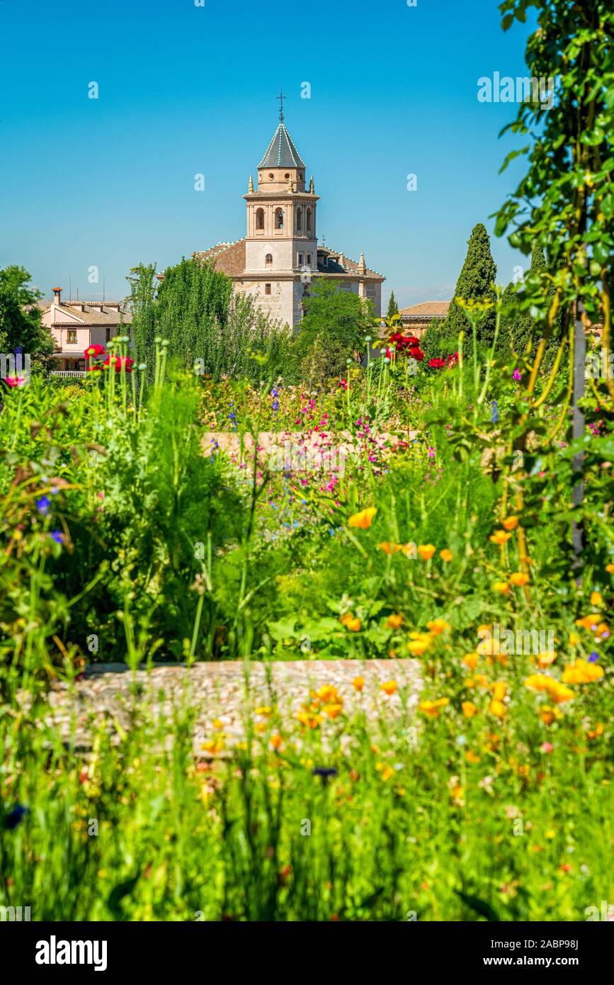 Vue du Generalife fleuri et le Palais de l'Alhambra à Grenade, Andalousie, espagne. Banque D'Images