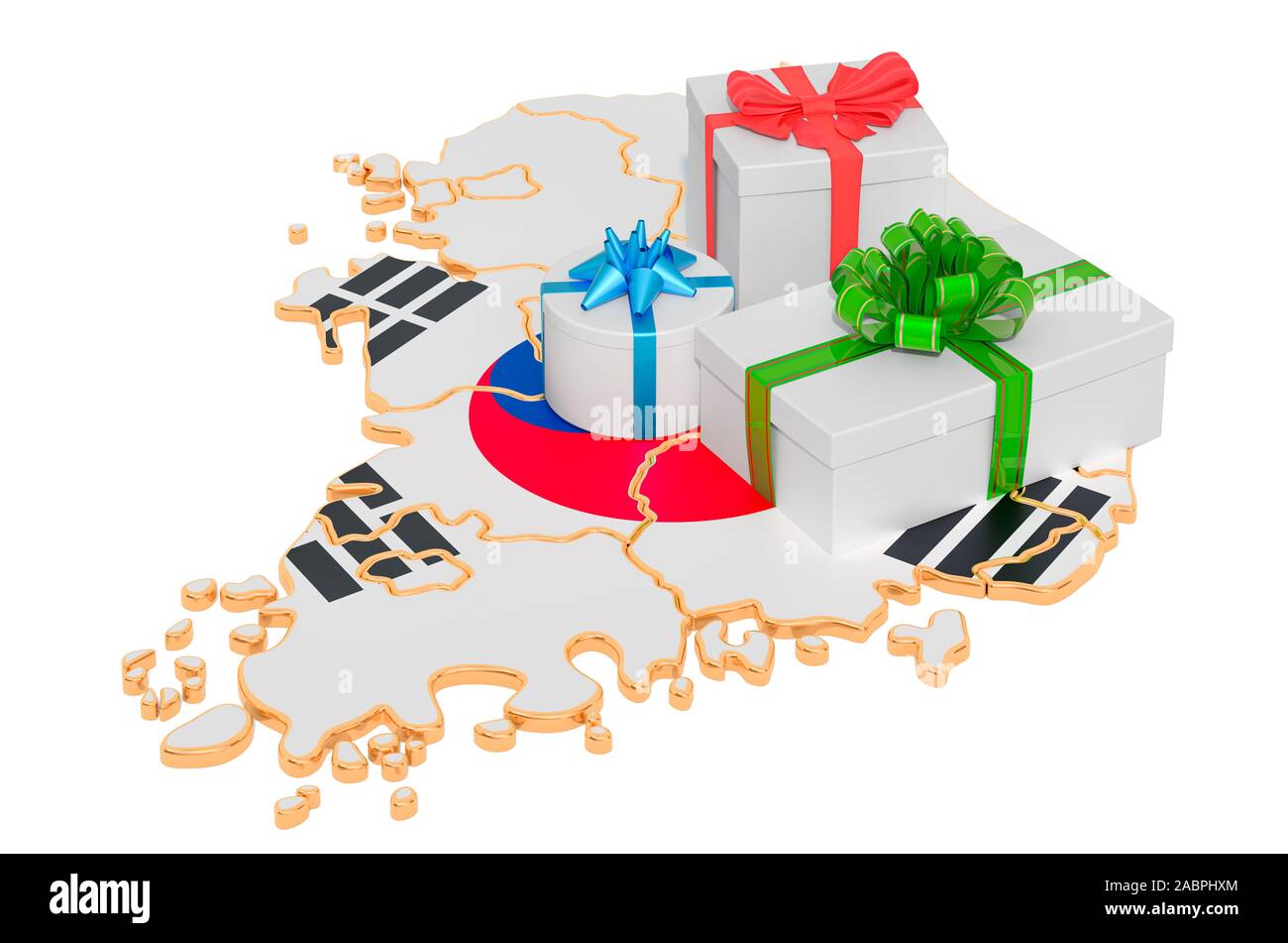 Coffrets cadeaux sur le site de la Corée du Sud. Fêtes de Noël et du Nouvel An en Corée du concept. Le rendu 3D isolé sur fond blanc Banque D'Images