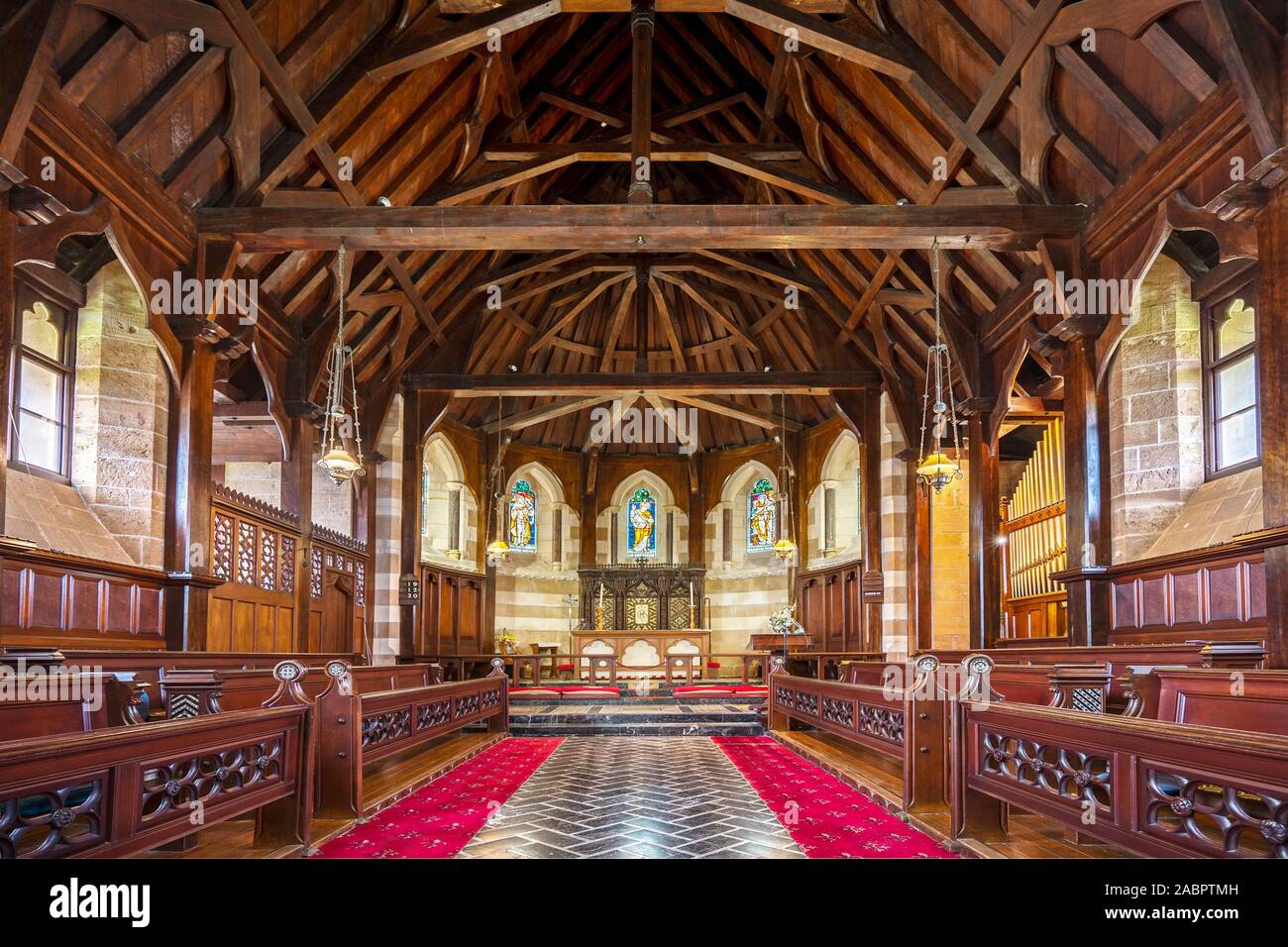 Intérieur de St Barnabas chapelle, une fois que l'église mère de la Mission mélanésienne, construit entre 1875 et 1880. L'île Norfolk, l'Australie Banque D'Images