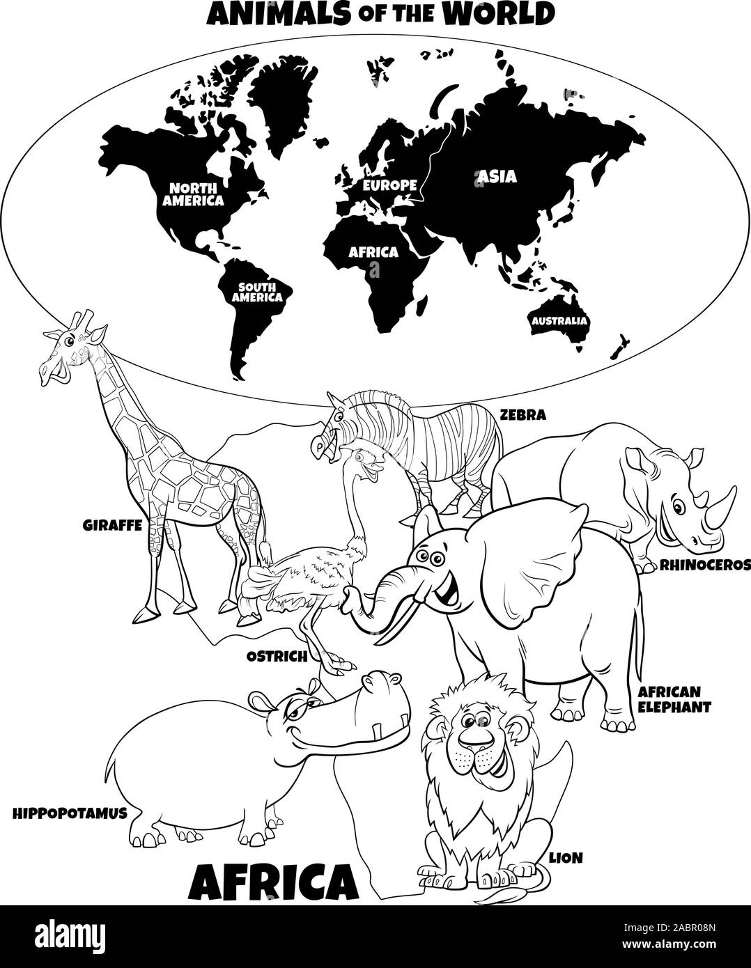 Noir et Blanc Dessin Animé éducatif Illustration d'animaux d'Afrique et carte du monde avec Continents Page à colorier Illustration de Vecteur