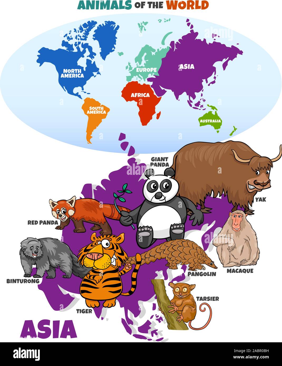 Caricature d'illustration de la carte du monde et les animaux d'Asie avec Continents Illustration de Vecteur