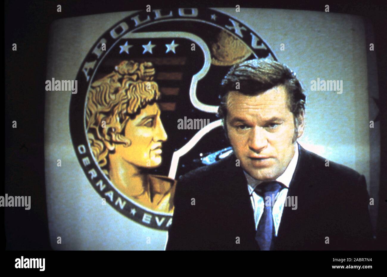 - Teleclip 'Reggie' Bosanquet British broadcaster pour ITN présentant l'alunissage d'Apollo 17 - close-up photographie prise directement à partir de la télévision couleur écran durant l'émission en direct au Royaume-Uni - 1972 Banque D'Images