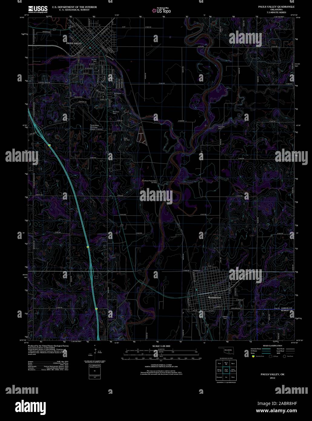 Carte TOPO USGS Oklahoma OK Pauls Valley 20121120 TM Restauration inversé Banque D'Images