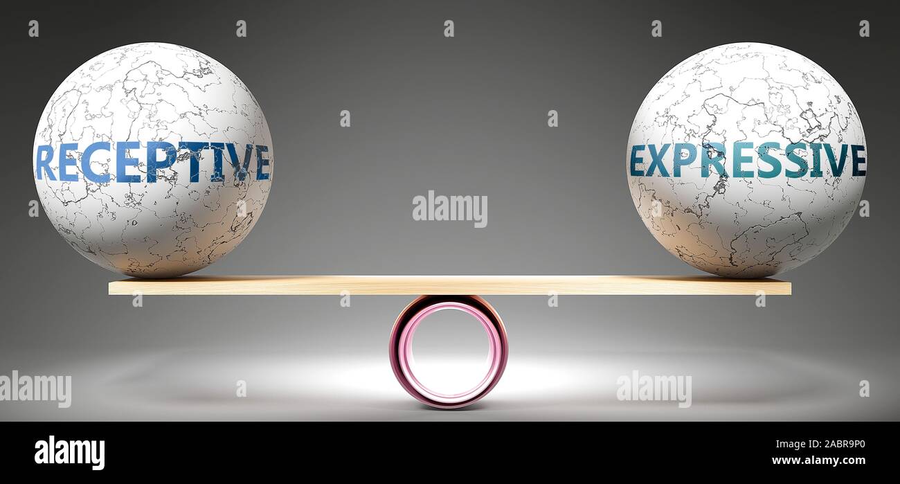 Réception et expression en équilibre - représenté comme balles équilibré sur l'échelle qui symbolisent l'harmonie et l'équité entre réception et expression c'est g Banque D'Images