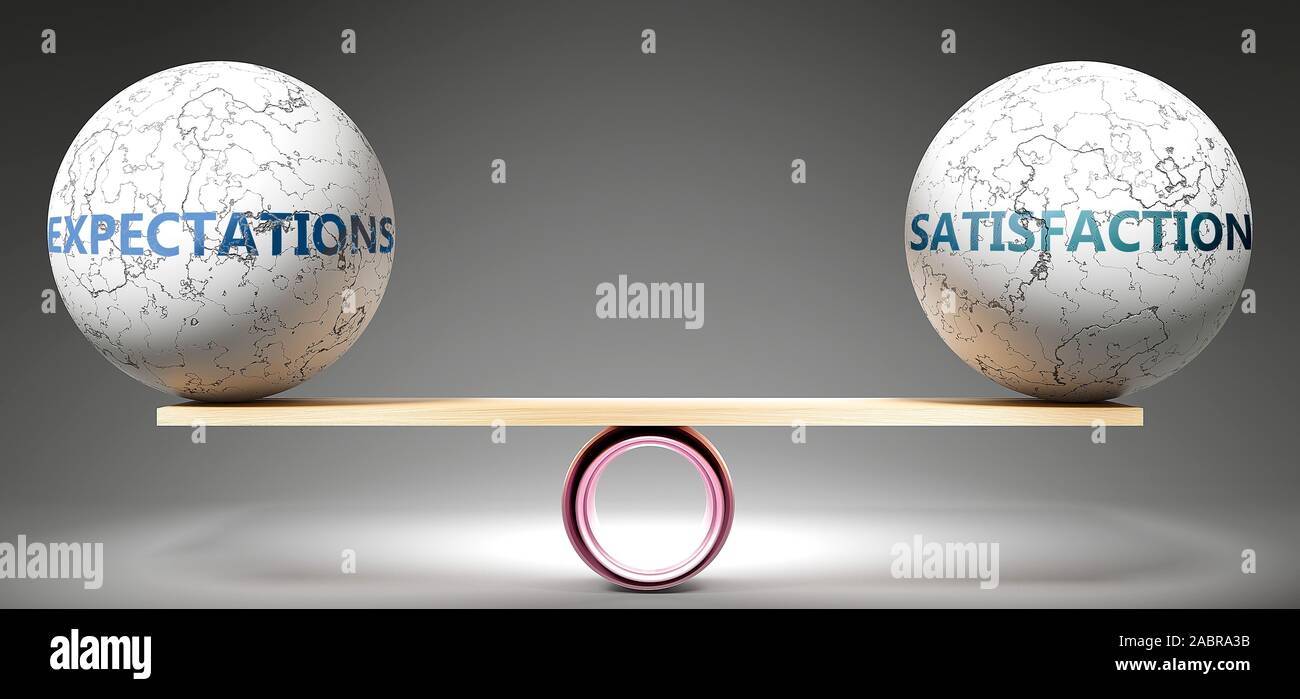 Les attentes et la satisfaction dans l'équilibre - représenté comme balles équilibré sur l'échelle qui symbolisent l'harmonie et l'équité entre les attentes et la satisfaction Banque D'Images