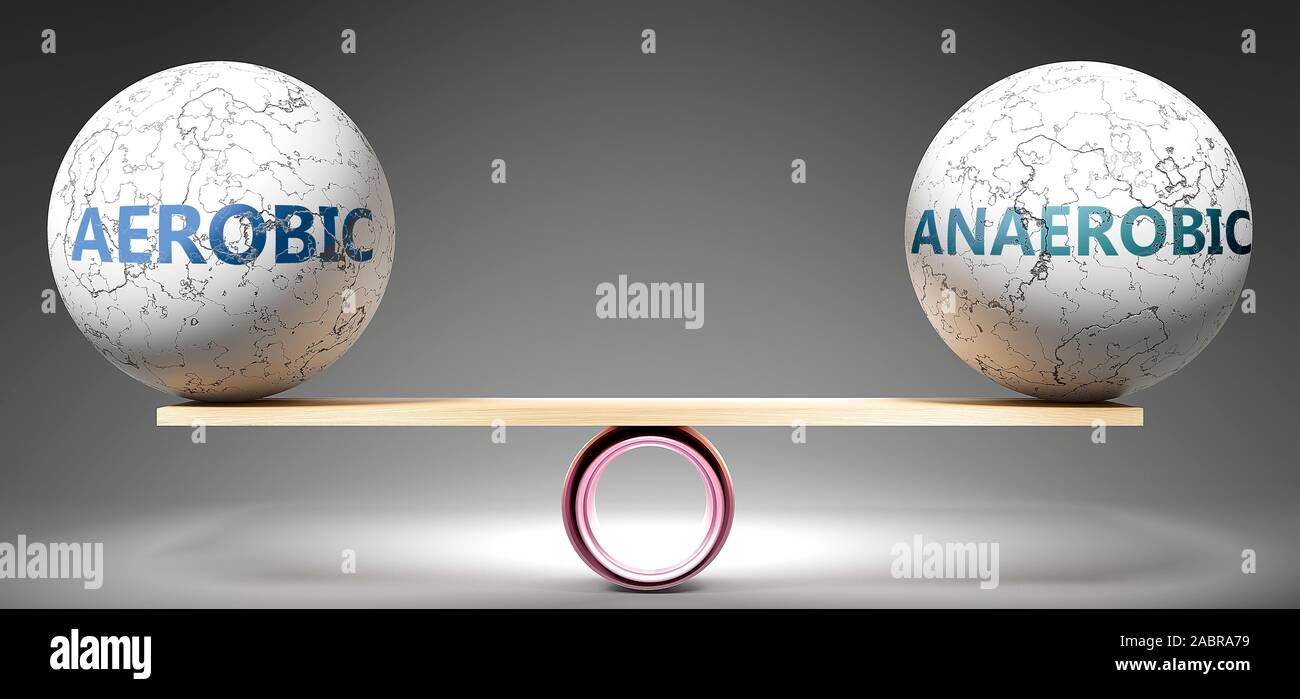 Capacité aérobie et anaérobie en équilibre - représenté comme balles équilibré sur l'échelle qui symbolisent l'harmonie et l'équité entre capacité aérobie et anaérobie qui est bon un Banque D'Images