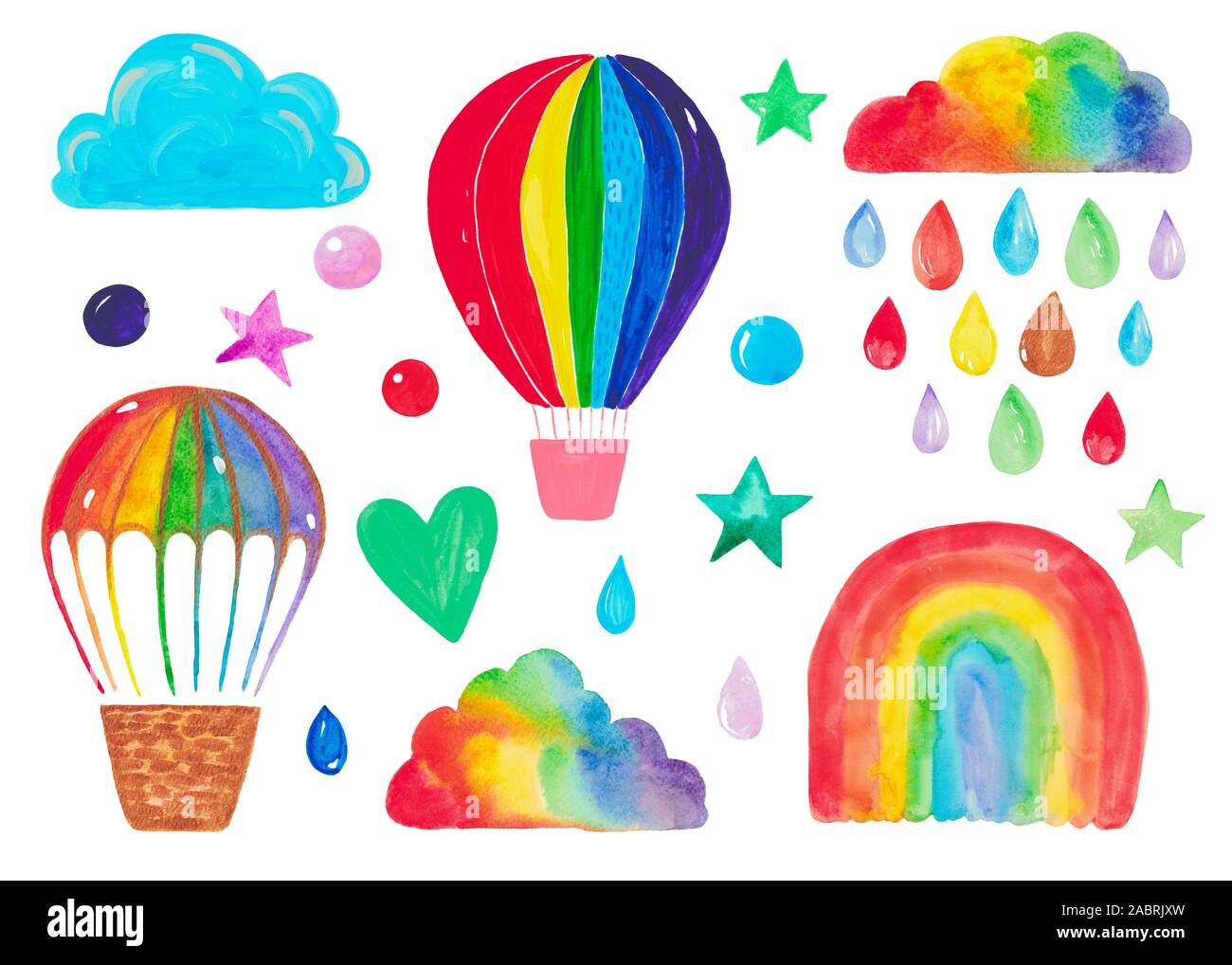 Série de tableaux faits à la main pour l'illustration Aquarelle clipart ballon dirigeable arc-en-ciel d'éléments décoratifs en nuage Banque D'Images