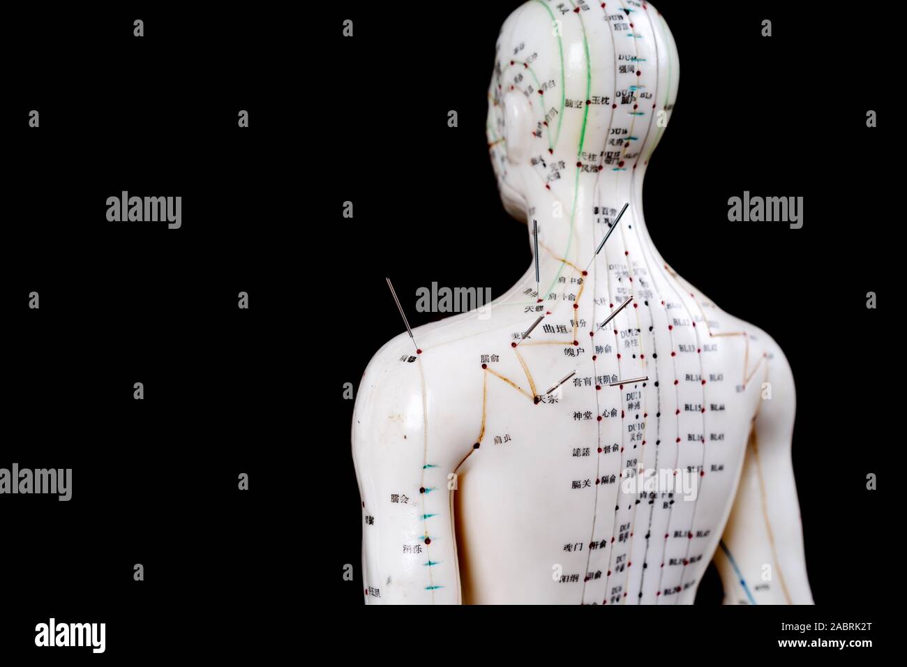 Modèle avec des aiguilles d'acupuncture masculin sur un fond noir Banque D'Images