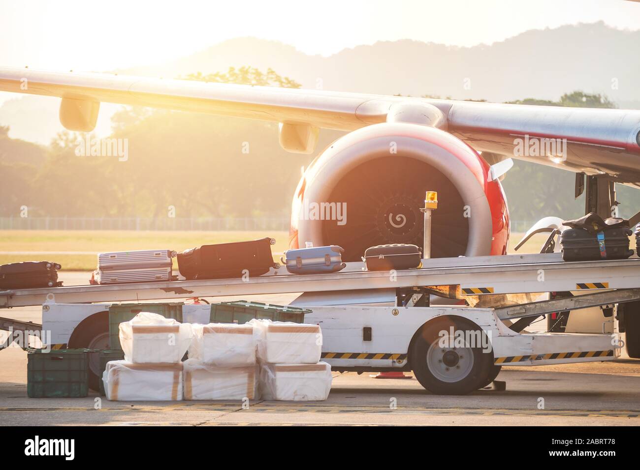 Voyager en avion. Valises dans une remorque à bagages en mouvement flou à  l'aéroport Photo Stock - Alamy