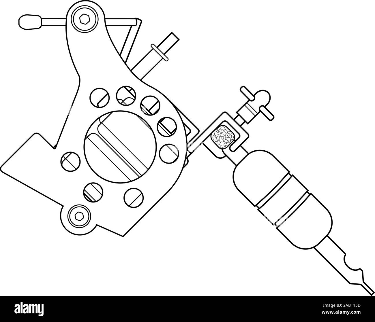 Machine de tatouage dessin linéaire. Fine ligne illustration. Pistolet de tatouage symbole de contour. Dessin vectoriel aperçu isolés Illustration de Vecteur