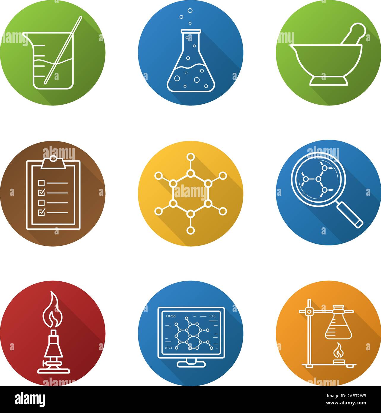 Laboratoire chimique linéaire plat long shadow icons set. Réaction chimique, mortier et pilon, liste de contrôle, bécher avec rod, structure moléculaire, lab Illustration de Vecteur