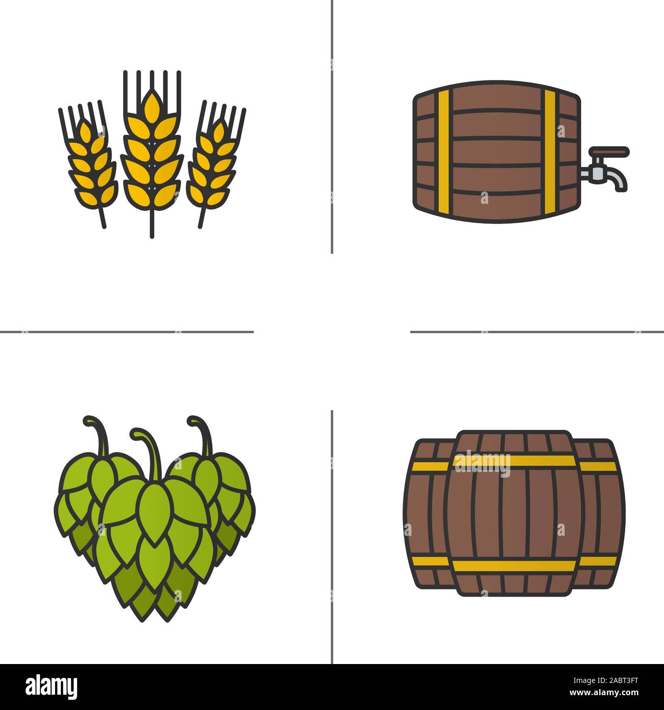 La couleur de la bière icons set. Les tonneaux en bois de l'alcool, cônes de houblon, les épis de blé. Brasserie de bière. Illustrations vectorielles Illustration de Vecteur