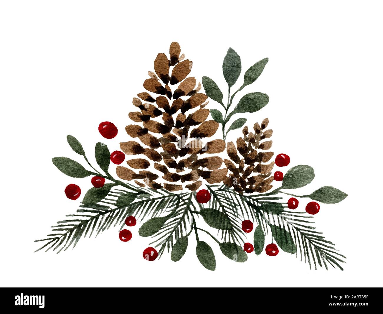 Décoration de Noël avec les cônes, baies et sapin, conception des vacances d'hiver aquarelle isolé sur blanc, modèle de carte de Noël Banque D'Images
