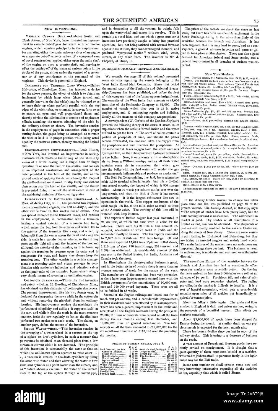 De nouvelles inventions. J'ai résumé l'étranger-MÉTAUX ET LES MARCHÉS. Les marchés de New York., Scientific American, 1859-07-30 Banque D'Images