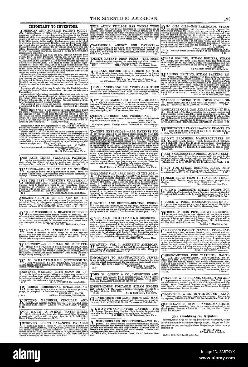 Membres et est la plus simple bon marché et solide. Par la présente, j'attention tures sont constitués dans le contre-couteau et lit vibratoire-pièces) sans le droit légal de le faire. Les délinquants seront traités avec accord EGGERT & FILS n° 239 Pearl Street à New York offrent à des conditions favorables des Siderial de première classe et des chronomètres de poche ; les moteurs à vapeur de la SLA-Punips feu &c. Arc. 1013 aplati et trempé pour fins de crinoline. En vente par l'importateur THOMAS MORTON 212 Pearl Street à New York. La communication 104° et les versements doivent être adressées t MUNN & COMPANY, Scientific American, 1859-09-17 Banque D'Images