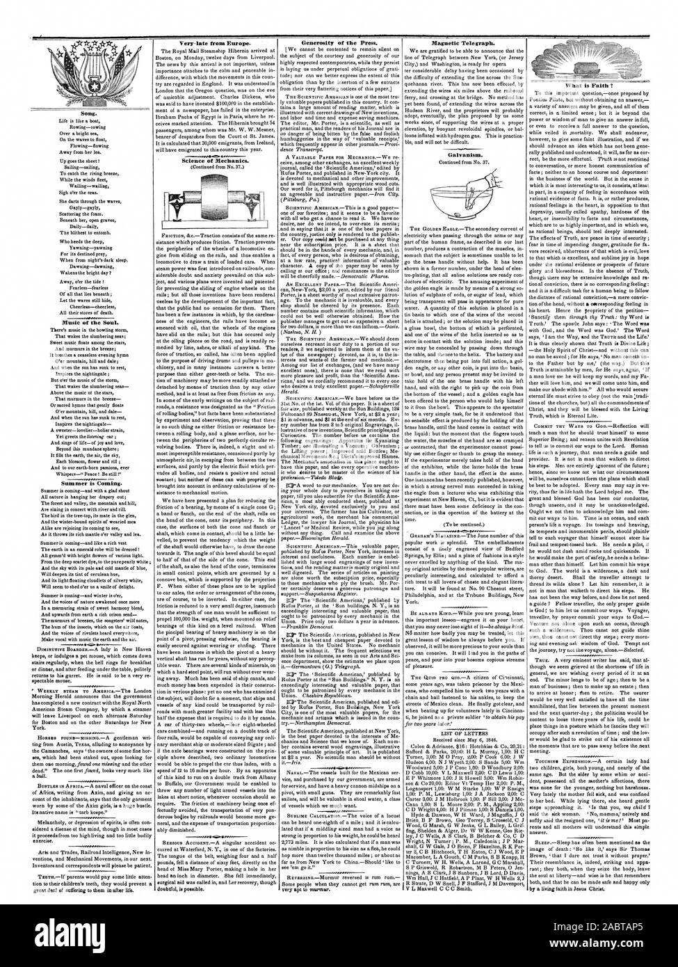 Chanson. Musique de l'âme. L'été arrive. grandes souffrances dans après la vie. Très-fin de l'Europe. La science de la mécanique. douteux est possible. La générosité de la presse. Tele magnétique graphique. Galvanisme. Quelle est la foi 7 par une foi vivante en Jésus Christ., Scientific American, 1846-06-04 Banque D'Images