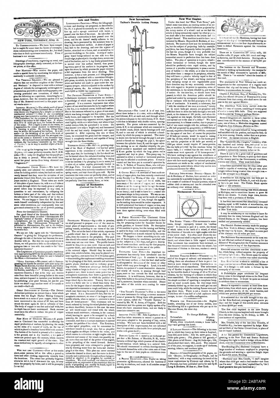 De nouvelles inventions. Talbot a pompe à double effet. Mt' mouvement mécanique. 6t long. Frères 32 Ann et ; New York : vignes. transmis. Arts et Métiers. La science de la mécanique., Scientific American, 1846-06-25 Banque D'Images