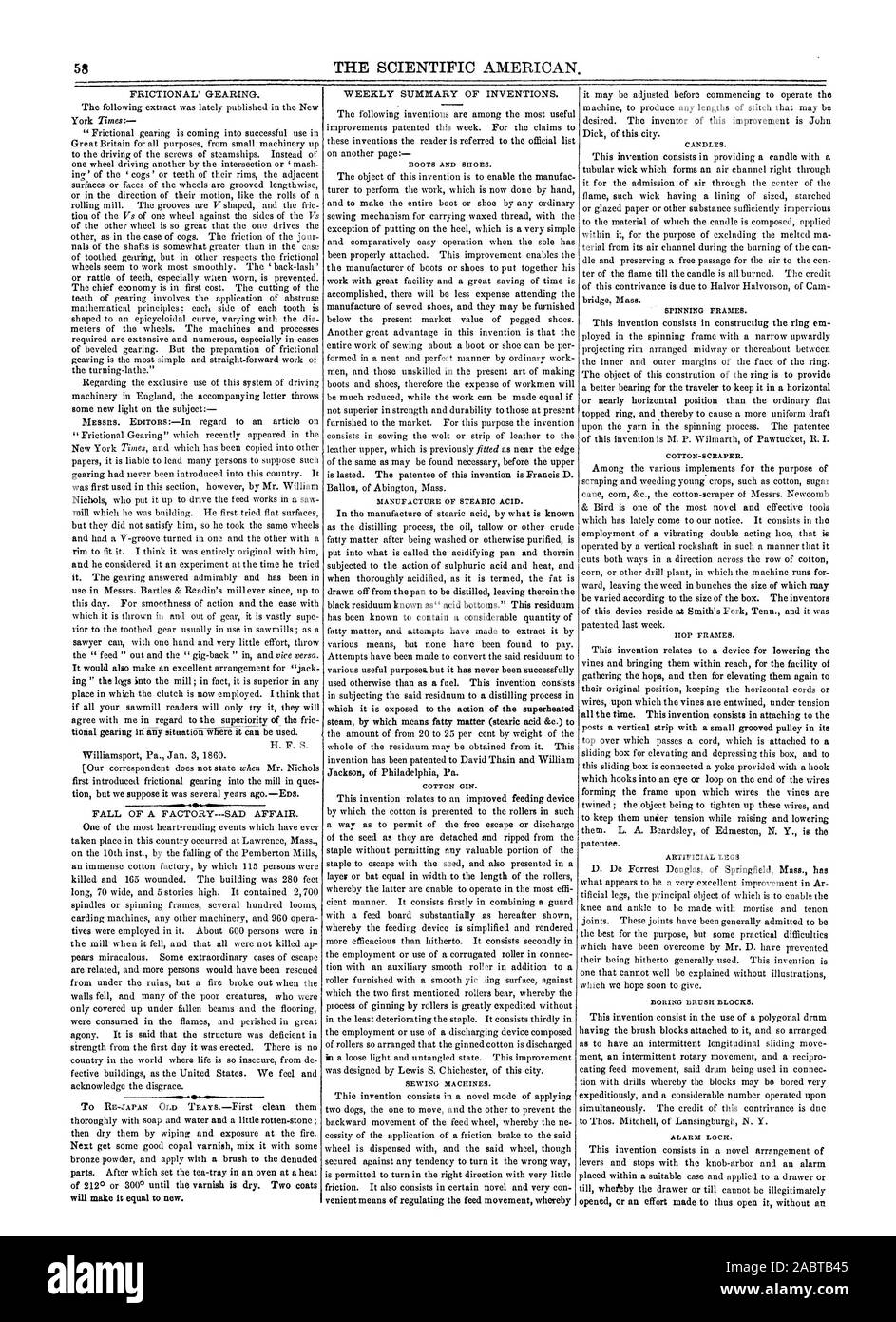 58 LE SCIENTIFIC AMERICAN. Fabrication de l'acide stéarique. GIN DE COTON. MACHINES À COUDRE. Des bougies. Filer. Coton-grattoir. HOP FRAMES. Les jambes artificielles brosse plate blocs. Verrouillage de l'alarme., 1860-01-21 Banque D'Images