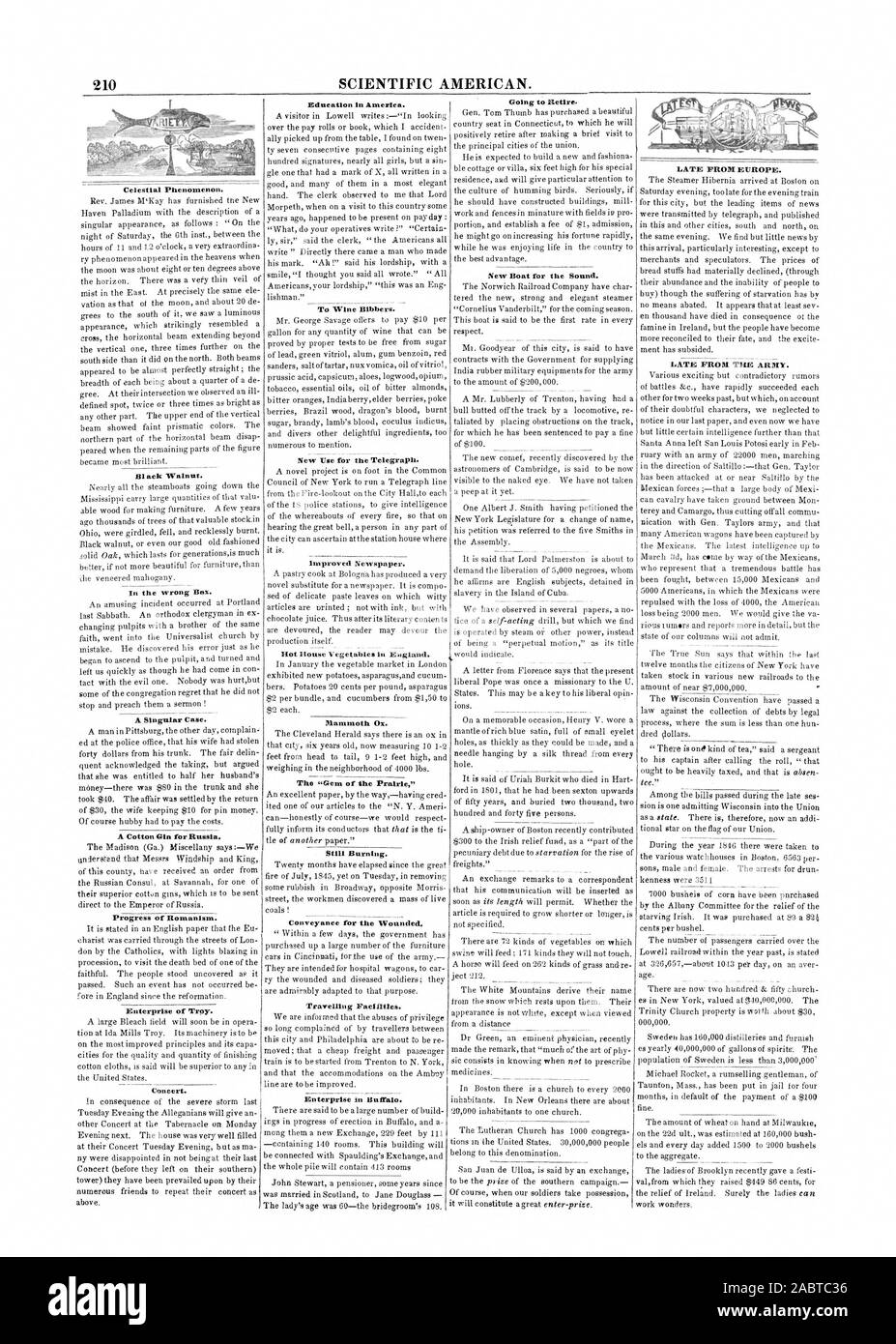 210 de l'Américain scientifique. Phénomène céleste. Noyer noir. Dans la mauvaise case. Un cas singulier. Un Gin de coton pour la Russie d'avancement des Romanisra. Enterprise de Troy. Les concerts. L'éducation en Amérique latine. Vin à Bibbers. Nouvelle utilisation pour le télégraphe. L'amélioration de journal. Hot House Légumes en Angleterre. Ox de mammouth. Brûle encore. Transport pour les blessés. Équipements en déplacement. Enterprise à Buffalo. La fin de l'Europe. La fin de l'armée. Aller à la retraite. Nouveau Bateau pour le son., 1847-03-27 Banque D'Images
