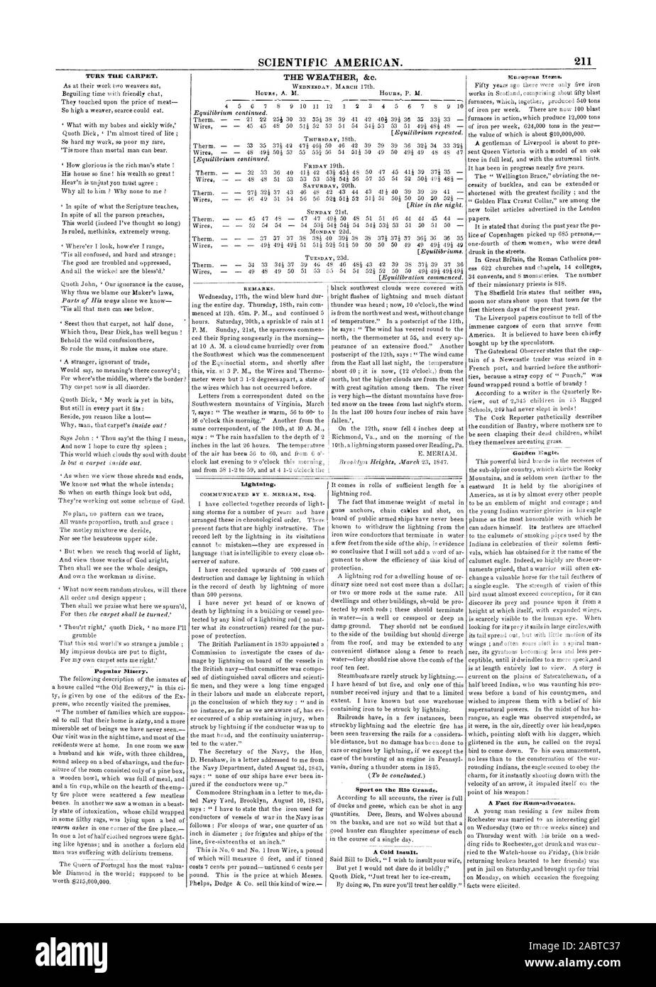SCIENTIFIC AMERICAN. 2 La misère populaire. Remarques. La foudre. Communiqué B Y E. MERIAM ESQ. Le sport sur le Rio Grande. Une insulte à froid. Les éléments européens. L'aigle royal. Tournez le tapis. Le temps &e., 1847-03-27 Banque D'Images