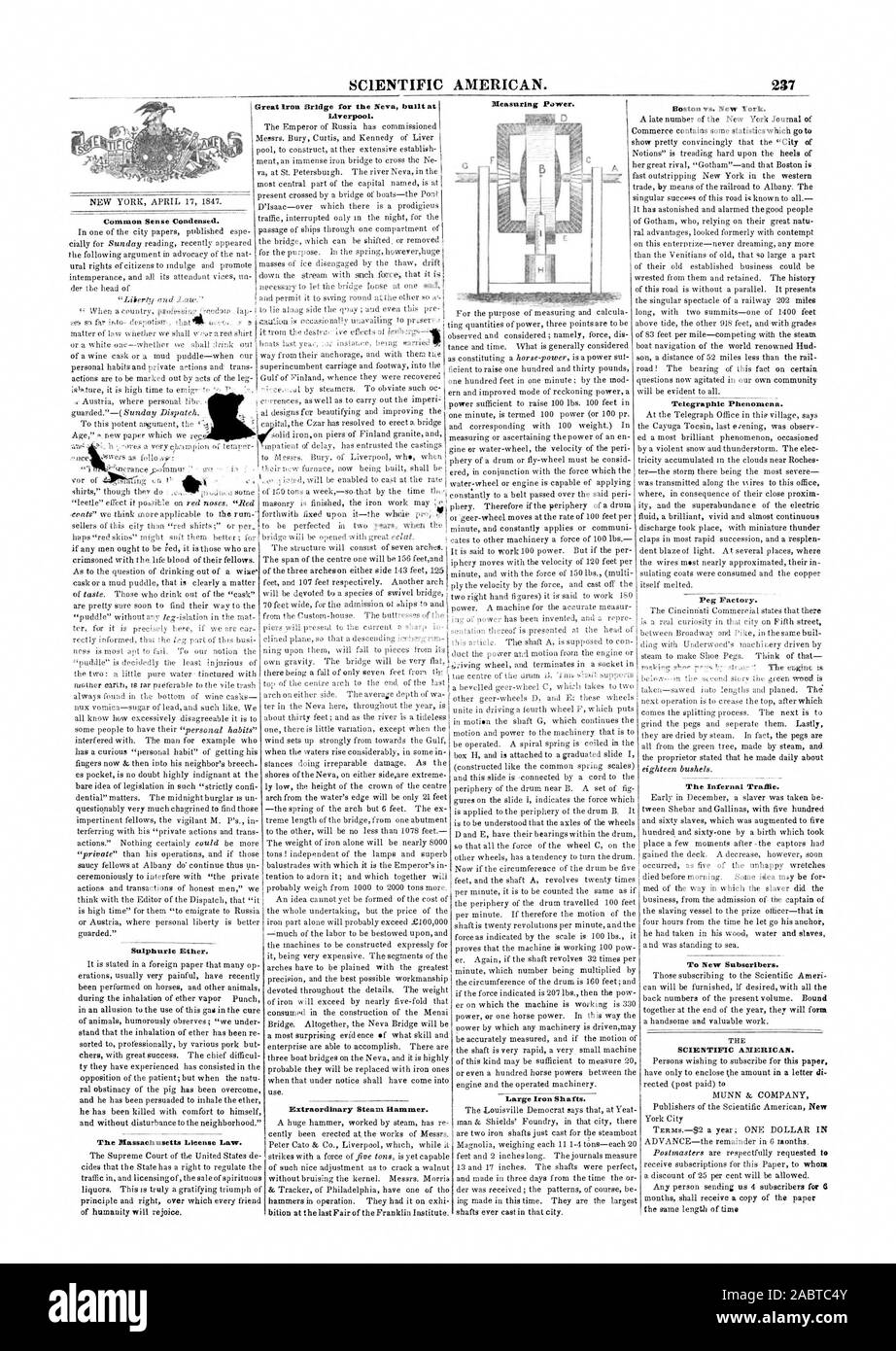 SCIENTIFIC AMERICAN. 237 grand pont de fer pour la Neva construit à Liverpool. La mesure de puissance. Boston et New York. Condensé de bon sens. L'éther sulfurique. Le droit de licence du Massachusetts. Marteau à vapeur extraordinaire. Fer à Repasser grand arbres. Phénomènes télégraphique. Usine de peg. Le trafic infernal. Pour les nouveaux abonnés. SCIENTIFIC AMERICAN, 1847-04-17. Banque D'Images