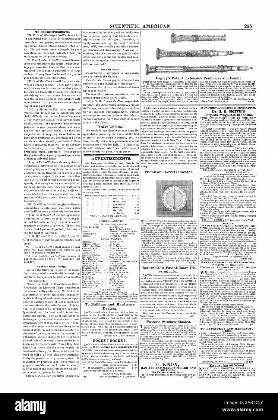 SCIENTIFIC AMERICAN. 255 Bagley's Patent Extension Porte-plume et crayon. Aux correspondants. Un autre grand caramel. Souhaitez-vous PREMIER VOLUME. Pub POUR LE SCIENTIFIC AMERICAN. Pour les constructeurs et concessionnaires de matériel. Des MALAPPRIS ! Des MALAPPRIS !  ! Indicateur de niveau et d'aplomb. Le brevet de Branwhite Dis couleur criminator. Foster's Stores. C. KNOX ET LES RATS ET FABRICANT 125 Fulton Street N. Y. MERVEILLEUX remède du rhumatisme. Le Dr S. B. SMITH Machine magnétique torpille. Avis. L'OFFICE DES BREVETS À WASHINGTON. Ingénieur en mécanique et d'agent de durcissement pr les brevets. Rer. La gravure sur bois, CA 1847-05-01 Banque D'Images