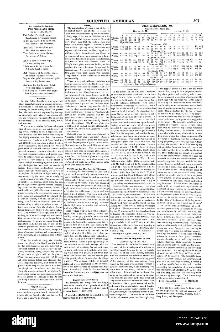 SCIENTIFIC AMERICAN. 307 commentaires. La météo bke. Vendredi dernier les courants. Le laçage serré. Logements pour les pauvres dans les villages. Les banques. La déchirure et soupir. Par R. MACFARLANE, 1847-06-19 Banque D'Images