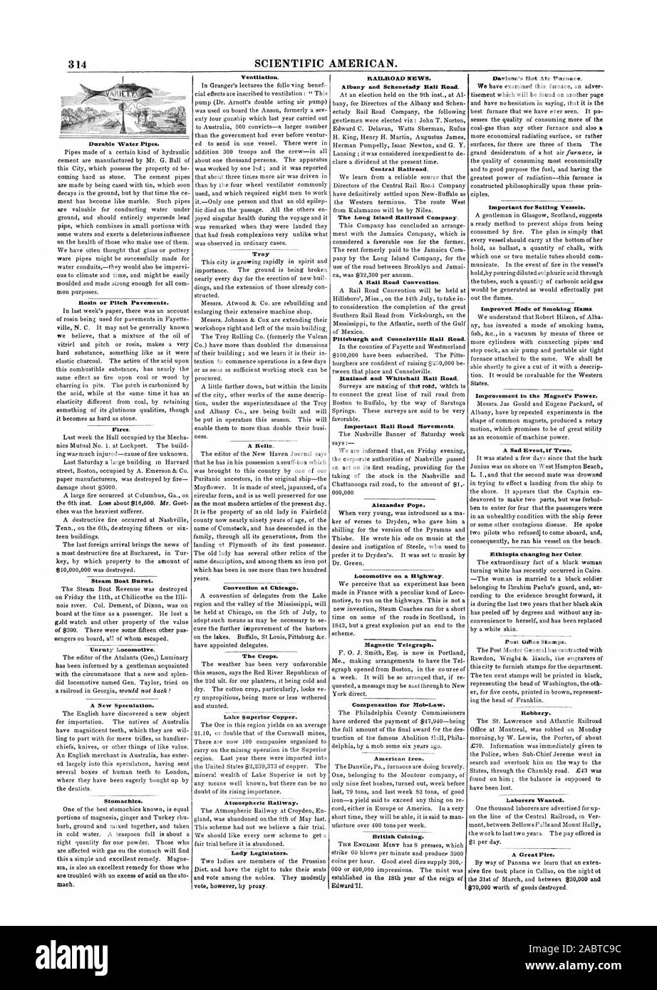 314 de l'Américain scientifique. Les tuyaux d'eau durables. Pas de colophane ou de trottoirs. Les incendies. Bateau à vapeur brûlé. Locomotive indisciplinés. Une nouvelle spéculation. Hies estomac. La ventilation. Troy une relique. Convention à Chicago. Les cultures. De cuivre du lac Supérieur. Chemin de fer atmosphérique. Dame des législateurs. RAILROAD NEWS. Albany et Schenetady Rail Road. Central Railroad. Le Long Island Railroad Company. Un rail route Convention. Pittsburgh et Connelsville Rail Road. Rutland et Whitehall Rail Road. D'importants mouvements de route de rail. Pape d'Alexandre. Locomotive sur une route. Télégraphe magnétique. American Iron. La paternité. Davison's Banque D'Images 314 de l'Américain scientifique. Les tuyaux d'eau durables. Pas de colophane ou de trottoirs. Les incendies. Bateau à vapeur brûlé. Locomotive indisciplinés. Une nouvelle spéculation. Hies estomac. La ventilation. Troy une relique. Convention à Chicago. Les cultures. De cuivre du lac Supérieur. Chemin de fer atmosphérique. Dame des législateurs. RAILROAD NEWS. Albany et Schenetady Rail Road. Central Railroad. Le Long Island Railroad Company. Un rail route Convention. Pittsburgh et Connelsville Rail Road. Rutland et Whitehall Rail Road. D'importants mouvements de route de rail. Pape d'Alexandre. Locomotive sur une route. Télégraphe magnétique. American Iron. La paternité. Davison's Banque D'Images