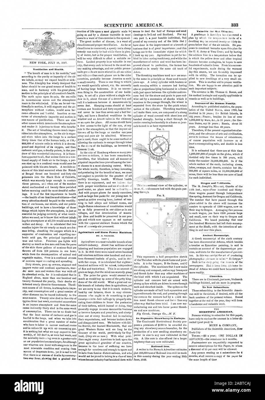 SCIENTIFIC AMERICAN. 333 La ventilation et la santé. L'agriculture et puissance des machines. Un cher fraise au embryon. Fer à repasser Fer. Précieux pour les climats chauds. Augmentation de la famille humaine. De l'Oregon et en Californie. Ancien manuscrit. Les églises. Pour les nouveaux abonnés. SCIENTIFIC AMERICAN, 1847-07-10. Banque D'Images