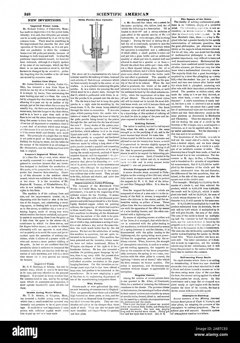 SCIENTIFIC AMERICAN 348 nouvelles inventions. L'amélioration de la rampe d'alimentation. Un autre sécheur de maïs. Yeaman améliorées de blé du PAN. L'amélioration de la poutrelle. Roue à eau à double effet. Pereha cylindre flexible Duna. L'amélioration de l'impression des calicots. Sur le fil pénis. L'épuration des huiles. L'affinage du suif. Télégraphe électrique de Philadelphie. Brevet unique. La place du cercle. Chemin de fer atmosphérique., 1847-07-24 Banque D'Images