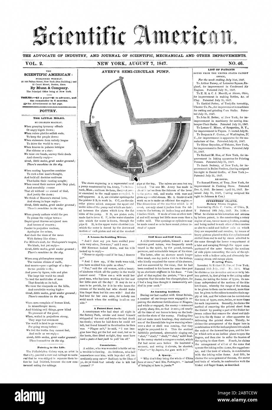 Rientific meritat. L'AVOCAT DE L'INDUSTRIE ET DU JOURNAL DE MÉCANIQUE SCIENTIFIQUE ET D'autres améliorations. L'AVERY POMPE SEMI-CIRCULAIRE. Le SCIENTIFIC AMERICAN : publié chaque semaine. À 125 Fulton Street New York Sun (bâtiment) et 13 Court Street Boston Massachusetts par Munn & Company. Le bureau principal d'être à New York. Ce qui est d'un an-41 à l'avance et le reste en 6 mois. La poésie. Le peu de grains de beauté. Par CHARLES MACKAY. La peinture à la vie. Une leçon pour les réprimandes épouses. Un brevet Boot Jack. La consolation. Liste DE BREVETS DÉLIVRÉS À PARTIR DE L'OFFICE DES BREVETS Des États-unis RE-questions. Les inventeurs DES REVENDICATIONS. L'impression Banque D'Images