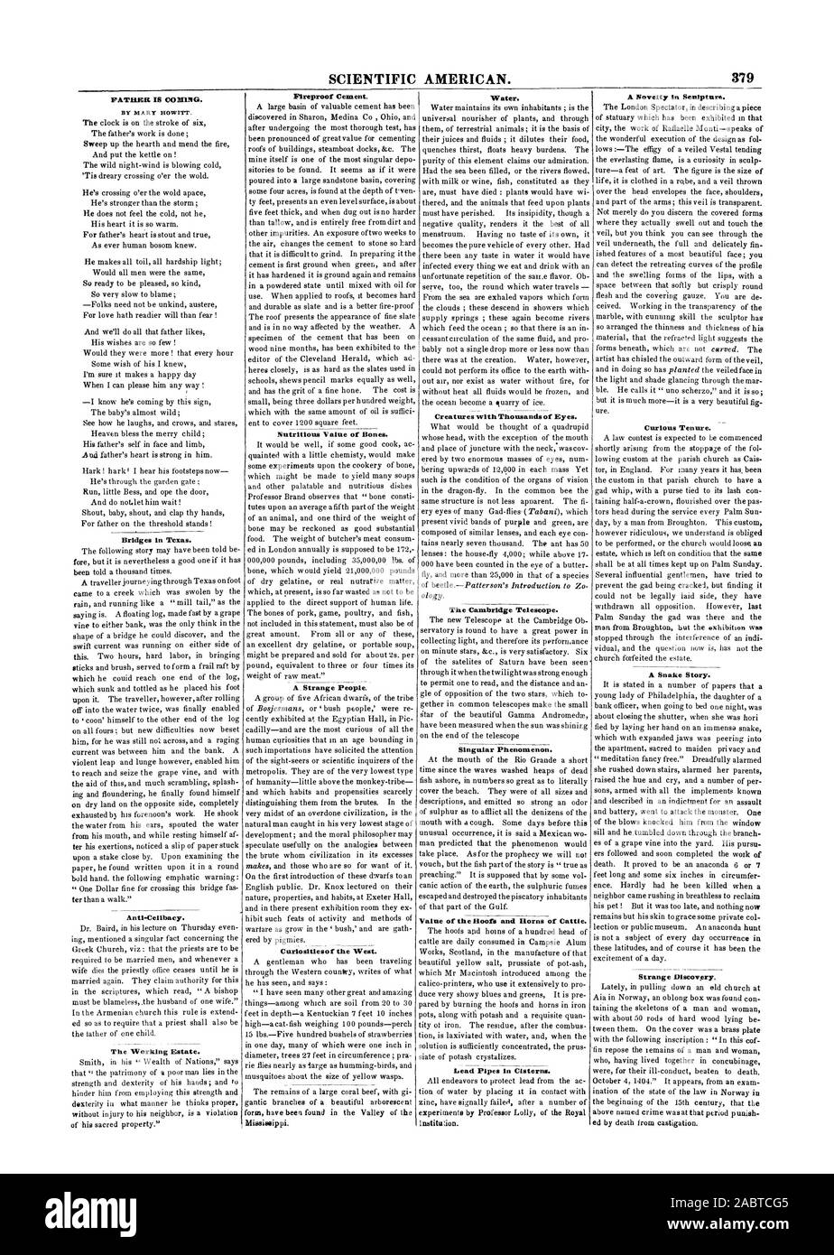 SCIENTIFIC AMERICAN. 379 PÈRE EST OOHING. Par MARY HOWITY. Des ponts dans le Texas. Le ciment réfractaire. Valeur nutritive des os. Un étrange peuple. Curiositiesof l'Ouest. L'eau. Les créatures avec des milliers d'Yeux. Le télescope de Cambridge. Phénomène singulier. Valeur des sabots et cornes de bovins. Les canalisations en plomb dans les Citernes. lnstitu don une nouveauté ha la sculpture. Curieux d'occupation. Une histoire de serpent. Découverte étrange. ed par la mort de 1847-08-21, le châtiment. Banque D'Images