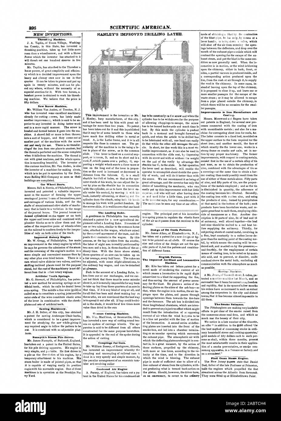 396 de l'Américain scientifique. L'AMÉLIORATION DE LA TOUR DE FORAGE DE HANLEY. De nouvelles inventions. Batteuse. Nouvelle vis de la machine. Boîtes de roue de voiture. L'amélioration du moteur rotatif. Les dents artificielles Springs. Machines à scier à vapeur du filasmyth Pile Driver. Le chargement du râteau. Tcnnon Machine à découper. Accouplements pour voitures. Moteur de l'air condensé. Conception de modèles de tissu d'huile. L'anglais des brevets. L'amélioration de la Locomotive et Air-Blast la machine. Le revêtement. Machine à mortaise. La fumée de la nuisance. Première machine à vapeur de l'océan., 1847-09-04 Banque D'Images