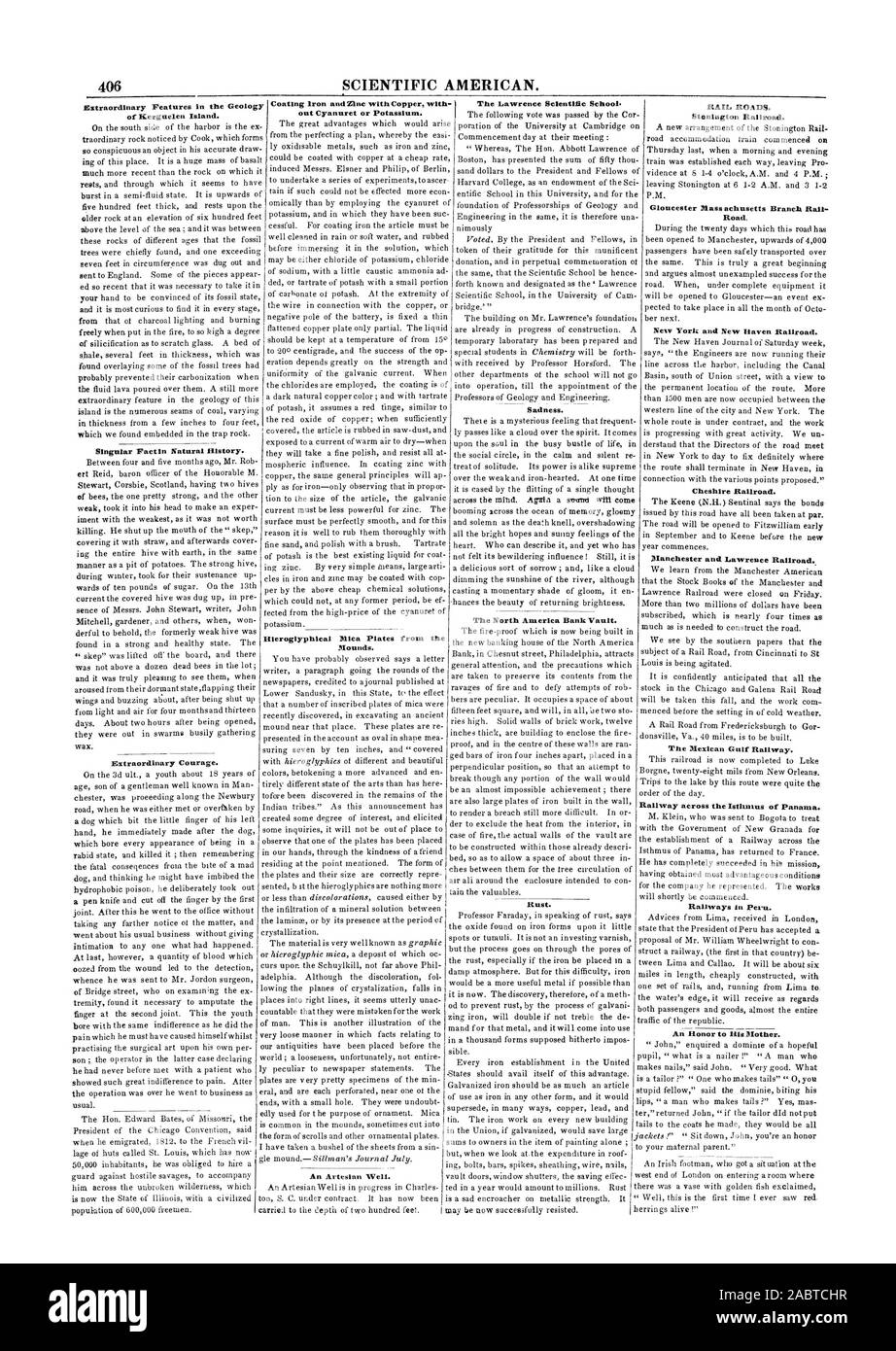 406 de l'Américain scientifique. Caractéristiques extraordinaires dans la géologie de l'île. Herguelen L'École scientifique du Saint-Laurent. Le fer et le zinc avec revêtement cuivre avec des Cyanuret ou potassium. Partin singulière histoire naturelle. D'un courage extraordinaire. Les Plaques de mica hiéroglyphique les monticules. Un puits artésien. Les chemins de fer. Stonington Railroad. Road. New York et New Haven Railroad. Cheshire Railroad. Manchester et Lawrence Railroad le golfe du Mexique de fer. L'ensemble de chemins de fer l'Isthme de Panama au Pérou. L'honneur de sa mère. La tristesse. L'Amérique du Nord des chambres fortes. La rouille., 1847-09-11 Banque D'Images 406 de l'Américain scientifique. Caractéristiques extraordinaires dans la géologie de l'île. Herguelen L'École scientifique du Saint-Laurent. Le fer et le zinc avec revêtement cuivre avec des Cyanuret ou potassium. Partin singulière histoire naturelle. D'un courage extraordinaire. Les Plaques de mica hiéroglyphique les monticules. Un puits artésien. Les chemins de fer. Stonington Railroad. Road. New York et New Haven Railroad. Cheshire Railroad. Manchester et Lawrence Railroad le golfe du Mexique de fer. L'ensemble de chemins de fer l'Isthme de Panama au Pérou. L'honneur de sa mère. La tristesse. L'Amérique du Nord des chambres fortes. La rouille., 1847-09-11 Banque D'Images
