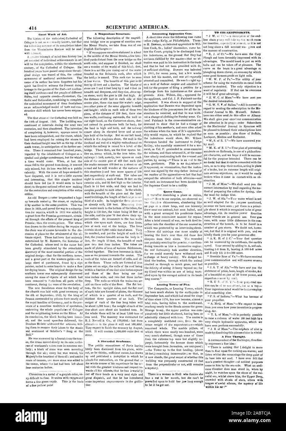 414 de l'Américain scientifique. Une grande Œuvre d'art. une structure. Apprenti intéressant cas. Jeu Queer. La tour penchée de Pise. Aux correspondants. Une pensée de pin., 1847-09-18 Banque D'Images